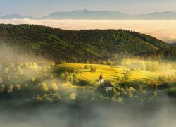 Góry, Lasy, Dolina, Mgła, Kościół, Droga