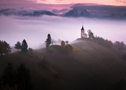 Kościół we wsi Jamnik na tle mgły