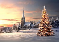 Zima, Kościół, Choinka, Domy, Drzewa, Boże Narodzenie