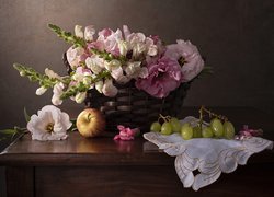 Kwiaty, Bukiet, Koszyk, Jabłko, Winogrona