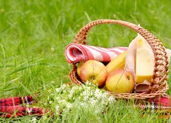 Kosz piknikowy z jabłkami i serem na trawie
