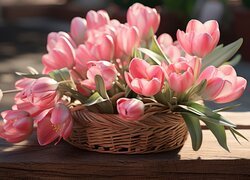 Kosz rozświetlonych różowych tulipanów