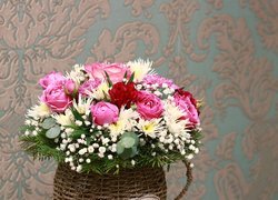 Kwiaty, Bukiet, Róże, Astry, Koszyk