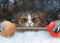 Kot obserwuje gile na zaśnieżonym parapecie