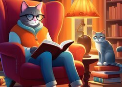 Kot w fotelu z książką obok kota siedzącego na książkach