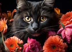 Kot wśród kolorowych kwiatów na czarnym tle