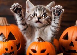 Mały, Kot, Dynie, Halloween