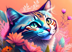 Kot, Głowa, Oczy, Kolorowe, Kwiaty, Grafika 2D