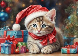 Grafika, Boże Narodzenie, Kot, Czapka, Prezenty, Choinka, Bombki