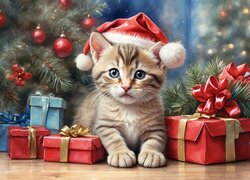 Boże Narodzenie, Kot, Prezenty, Choinka, 2D