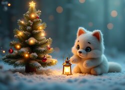 Maskotka, Kot, Lampion, Choinka, Śnieg, Grafika