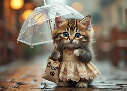 Kot, Sukienka, Parasol, Deszcz
