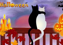 Halloween, Koty, Świeczki, Dynia, Liście, Nietoperze, Grafika