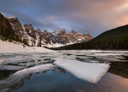 Zima, Jezioro, Moraine Lake, Góry, Las, Drzewa, Park Narodowy Banff, Alberta, Kanada