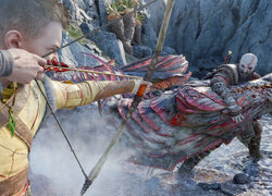 Kratos i Atreus w walce ze smokiem w grze God of War Ragnarok