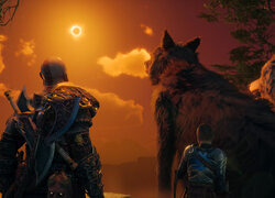 Kratos i Atreus z gry God of War Ragnarok podczas zaćmienia słońca