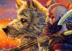 Kratos z wilkiem na plakacie do gry God of War Ragnarok