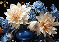 Kremowe i niebieskie kwiaty w wazonie