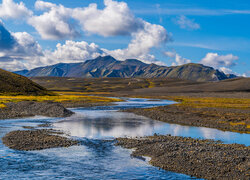 Islandia, Landmannalaugar, Góry, Kręta, Rzeka, Chmury