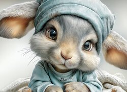 Królik w czapce i ubranku