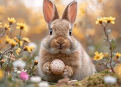 Królik z nakrapianą pisanką w łapkach i żółte polne kwiaty