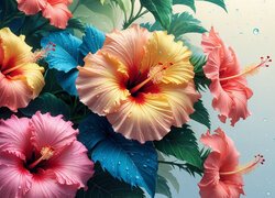 Hibiskusy, Kolorowe, Kwiaty, Liście, Krople, Grafika