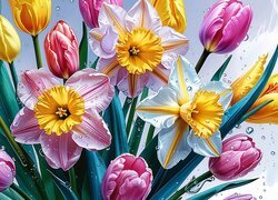 Narcyzy, Tulipany, Kolorowe, Kwiaty, Krople, Grafika