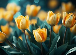 Krople na żółtych tulipanach w 2D
