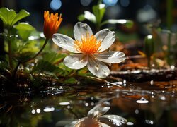 Krople wody na białym kwiatku nad wodą