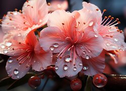 Krople wody na jasnoróżowych kwiatach