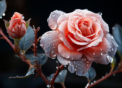Krople wody na rozkwitniętej różowej róży i pąkach