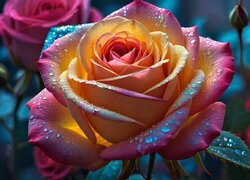 Krople wody na rozświetlonej dwukolorowej róży