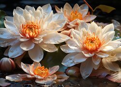 Krople wody na rozświetlonych liliach wodnych