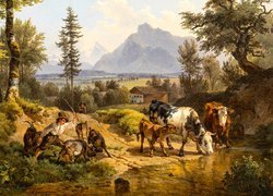 Krowy i kozy przy wodopoju na obrazie Friedricha Gauermanna
