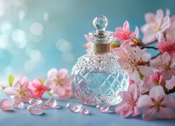 Flakon, Perfumy, Różowe, Kwiaty, Kryształy, Kompozycja