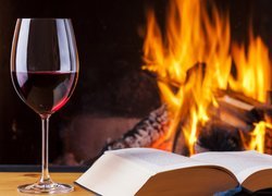 Książka i wino w kieliszku na tle ognia