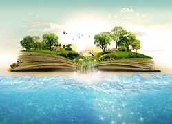 Książka z mostkiem, wodospadem wpadającym do morza i ludźmi w grafice 4D