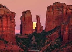 Czerwone, Skały, Krzewy, Cathedral Rocks, Sedona, Arizona, Stany Zjednoczone, Księżyc, Wschód słońca