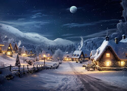 Zima, Domy, Wioska, Śnieg, Ogrodzenie, Światła, Góry, Księżyc, Noc