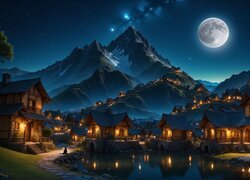 Księżyc nad oświetloną wioską w górach