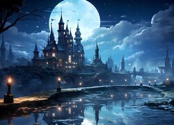 Staw, Drzewa, Oświetlony, Zamek, Noc, Księżyc, Fantasy