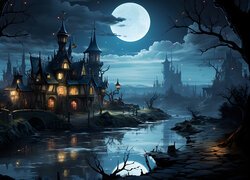Księżyc nad oświetlonym zamkiem nad rzeką w grafice fantasy
