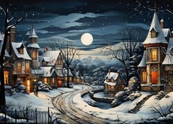Księżyc nad oświetlonymi domami przy drodze zimową porą w grafice