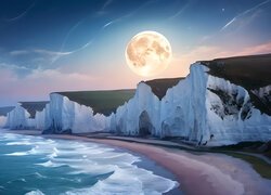 Księżyc w pełni nad klifami Seven Sisters w Anglii