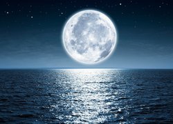 Noc, Pełnia, Księżyc, Morze, Ocean