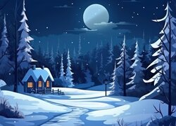Księżyc w pełni nad oświetlonym domkiem w zimowym lesie