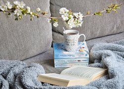 Kubek herbaty i książki na kanapie