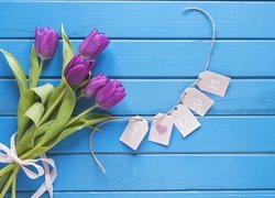 Dzień Matki, Bukiet, Fioletowe, Tulipany, Karteczki, Napis, Niebieskie, Deski