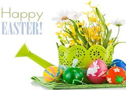 Wielkanoc, Pisanki, Konewka, Kwiaty, Napis, Happy Easter