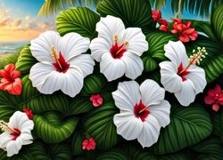 Hibiskus, Kwiaty, Liście, Grafika